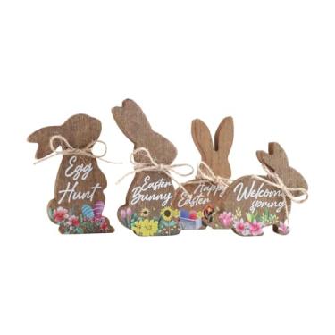 Imagem de FLCPJGV Conjunto de 4 Placas Decorativas de Páscoa com Coelhos em Estilo Rústico Vintage, Feitas à Mão, para Mesa ou Prateleira.