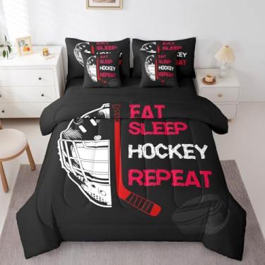 Imagem de Erosebridal Jogo de cama solteiro com 7 peças, Eat Sleep Hockey para todas as estações, 1 edredom, 2 fronhas, 1 lençol de cima, 1 lençol com elástico, 2 fronhas