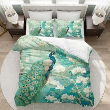 Imagem de CCoutueChen Conjunto de edredom Queen com pavão oriental, floral, pássaro verde, decoração de quarto asiático aconchegante para adultos/mulheres