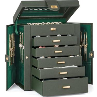 Imagem de AKOZLIN Caixa organizadora de joias de 6 camadas, funcional, 5 gavetas, estojo de armazenamento de joias de couro para mulheres, meninas, anel, colar, brinco, pulseira, organizador com espelho, verde