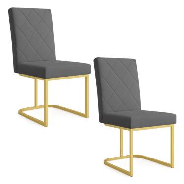 Imagem de Kit 02 Cadeiras De Jantar Estofada Siena Linho Grafite Base De Ferro Dourada - Pallazio