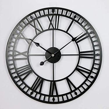 Imagem de LEERIAN Relógio de parede de metal grande retrô de ferro forjado redondo silencioso alimentado por bateria relógio de numerais romanos adequado para sala de estar quarto escritório doméstico relógio de decoração de parede, preto, 40,64 cm
