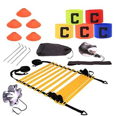 Imagem de Escada de agilidade ajustável futebol fitness velocidade 12 degraus kit de equipamento de treinamento com resistência paraquedas disco esportivo e treinador de chute de futebol, amarelo, 6 m