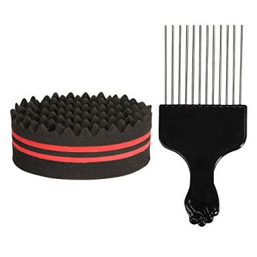 Imagem de LAURAG escova de esponja Esponja de escova de cabelo com buracos grandes Pente de metal para escolher cabelo Esponja de dupla face Afro para pentear