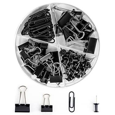 Imagem de CREECHWA Conjunto de clipes de papel e fichário, fichários de metal de tamanhos variados com alfinetes, material de escritório preto para mesa, acessórios de mesa duráveis