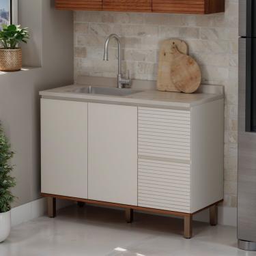 Imagem de Balcão Gabinete De Cozinha Para Pia 100% Mdf Com 3 Gavetas Corrediças Telescópicas Off White-canela