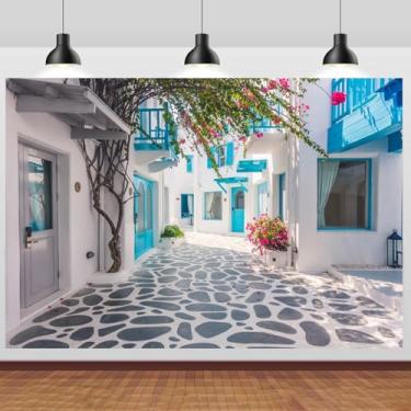 Imagem de CSFOTO Pano de fundo de poliéster 1,5 x 0,9 m Grécia Santorini Cenário de rua estreita linda arquitetura azul estilo Grécia fundo de casamento romântico lua de mel papel de parede foto de casamento