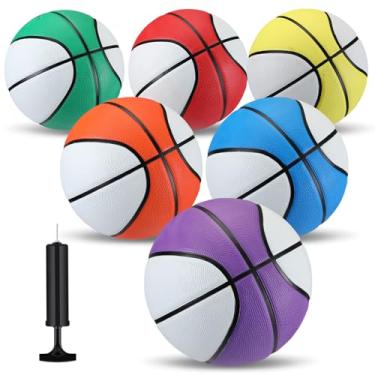 Imagem de Jenaai 6 peças de bolas de basquete de borracha tamanho oficial bolas de rua multicoloridas com bomba conjunto de basquete simples para presentes de jovens adultos jogos de treinamento ao ar livre