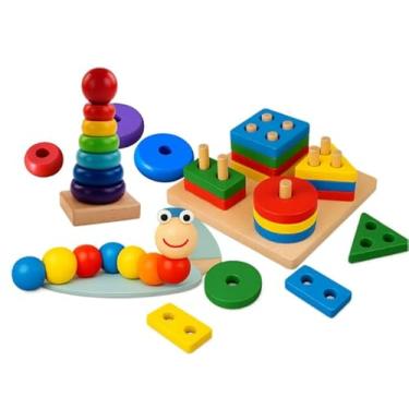 Imagem de Brinquedo Educativo Montessori de Madeira Didático Sensorial Formas e Cores Empilháveis para Bebê Linha Premium M5 Armarinhos (KIT 3 BRINQUEDOS)