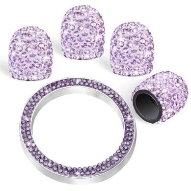 Imagem de WINKA 4 peças de tampas de haste de válvula de pneu de carro com strass com 1 peça capa de botão de motor de carro brilhante anel de ignição inversa para carro chaveiro anel diamante tampas de pneu de
