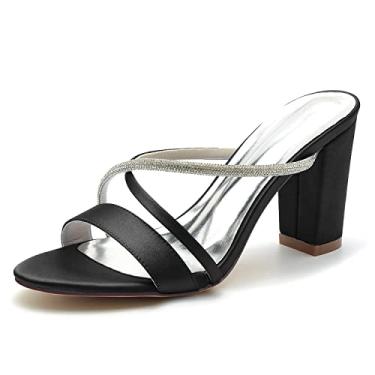Imagem de Sapatos de noiva femininos Chunky Peep Toe sapatos de salto alto marfim sapatos de cetim sapatos sociais 36-43,Black,9 UK/42 EU