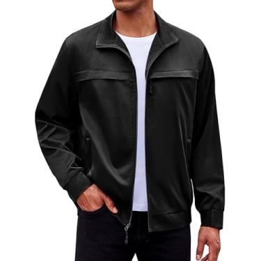 Imagem de Runcati Jaqueta masculina leve com zíper total, gola alta, jaqueta bomber casual, Preto, XXG