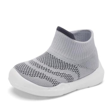 Imagem de Sapatos e meias para bebês Engtoy Pantufas respiráveis antiderrapantes com sola de borracha macia, tênis para bebês meninos e meninas, Listra cinza, 0-9 meses