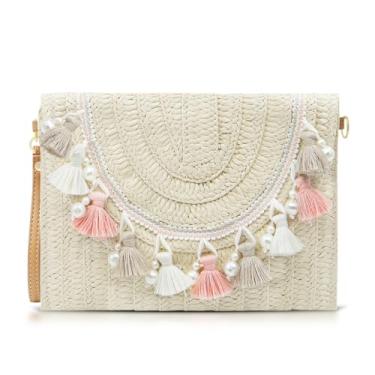 Imagem de QTKJ Bolsas transversais de palha para mulheres, bolsas clutch de borla rosa, pacote envelope de tecido boêmio feito à mão, bolsas para mulheres férias viagens diárias, Bege, One Size