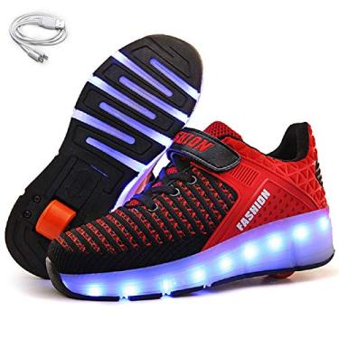 Imagem de Ehauuo Tênis infantil de rodas únicas com luzes recarregáveis, patins retráteis, LED, piscando, tênis com rodas para meninas, meninos, presente para iniciantes, 7 - vermelho, 14