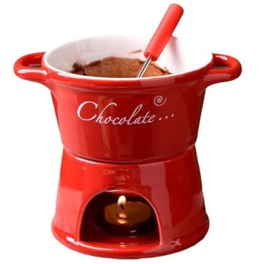 Imagem de ABPWO Caneca de fondue de chocolate, canecas de cerâmica para chocolate ou queijo, inclui garfos, 290 ml (vermelho B)