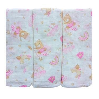 Imagem de Fralda Pano de Ombro Bebe Com Bainha 100% algodão Camada Dupla Enxoval Maternidade Kit 3 Unidades (Ursa Rosa)