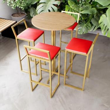 Imagem de Jogo Mesa Alta Bistrô Redonda Pinus 4 Banquetas Estofado Industrial Dourado (Vermelho)