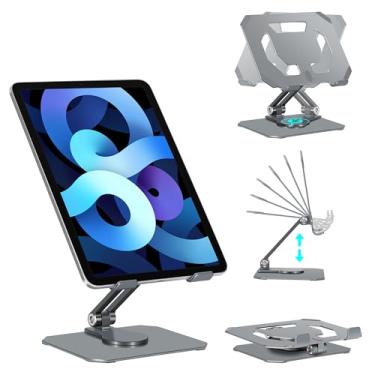 Imagem de Suporte para tablet para mesa, suporte portátil de alumínio ajustável com rotação de 360°, base dobrável, resistente, compatível com iPad, cinza