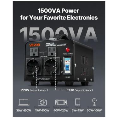Imagem de Conversor de Voltagem VEVOR 1500VA Elevação/Redução Pesado, 110V-220V, Tomadas EU/US, P...