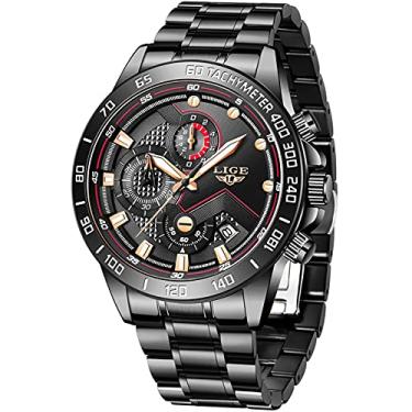 Imagem de LIGE Relógios masculinos moda luxo elegante esporte analógico quartzo relógio masculino cronógrafo negócios casual à prova d'água preto aço inoxidável relógio de pulso calendário redondo