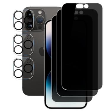Imagem de UZWZW (3+3) Para iPhone 14 Pro (6,1 polegadas) (pacote com 3) Película de vidro temperado privada anti-espião e (3 unidades) Protetor de lente da câmera [Não afeta o flash], dureza 9H