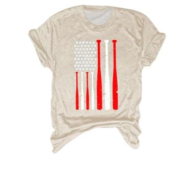 Imagem de Camiseta feminina de verão com estampa de beisebol, manga curta, gola redonda, caimento solto, presentes para o dia do jogo, Bege, P