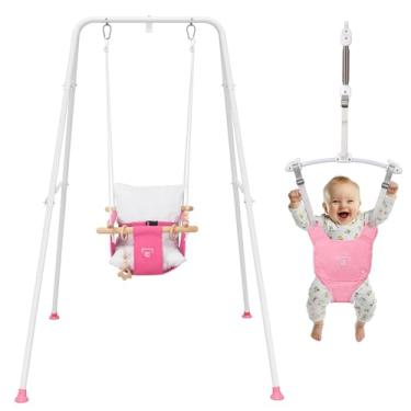 Imagem de Suéter de bebê 2 em 1 e balanço, suéter de bebê para uso interno e externo, balanço de bebê com suporte dobrável, conjunto de balanço infantil estável (rosa)