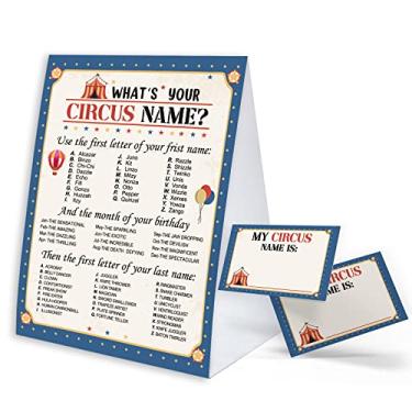 Imagem de Placa de jogo What's Your Circus Name com etiqueta de nome adesivos para chá de bebê, decorações de chá de bebê, jogo de festa de aniversário, jogos de chá de bebê divertidos para adultos e crianças