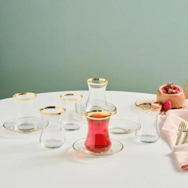 Imagem de KARACA Conjunto de chá turco de vidro Sydney para 6 pessoas, dourado, 12 peças de serviço de chá, 6 copos de chá turco com pires, vidro, pratos/pires de chá de 160 ml