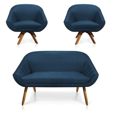Imagem de Kit 01 Namoradeira 02 Lugares E 02 Poltronas Giratória Giovana Suede Base Madeira Mm30 - D'rossi Cor Azul Marinho