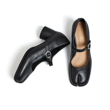 Imagem de Cuctos Sapatos femininos de salto alto com bloco grosso, Mary Janes, bico dividido, tabi, tira no tornozelo, sapatos escarpim, Preto, 39