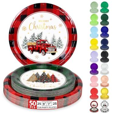 Imagem de LANLISA O conjunto descartável de 50 pratos de papel de Natal inclui pratos de jantar xadrez de 63,5 a 22,8 cm e 63,5 a 17,8 cm para artigos de festa