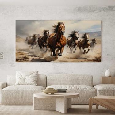 Imagem de Quadro Decorativo para Sala Quarto Hall 130x70 Cavalos Correndo Pintura Horizontal Grande Decoração Parede Tela