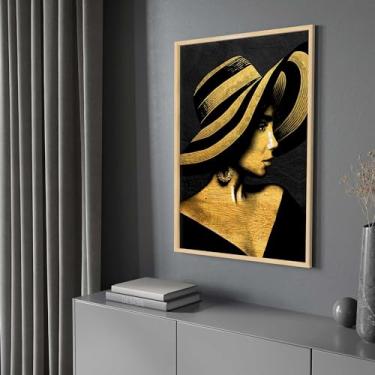 Imagem de Quadro com Moldura Mulher Dourada Chapéu Decorativo Grande Sala Quarto Hall