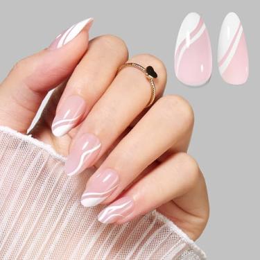 Imagem de Pink Press On Nails Amêndoa, Redemoinho Branco Ponta Francesa Conjunto de Unhas Curto, Cola em Unhas Cole em Unhas em 16 Tamanhos - 64 Kit de Unhas, Presente para Mulheres