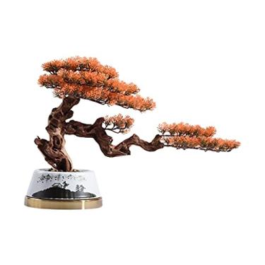 Imagem de KUYBTU Árvores artificiais, plantas em vaso, árvore de bonsai artificial, simulação de outono, folhas douradas, sala de estar, escritório, árvore de boas-vindas, planta em vaso, tinta chinesa, vaso de