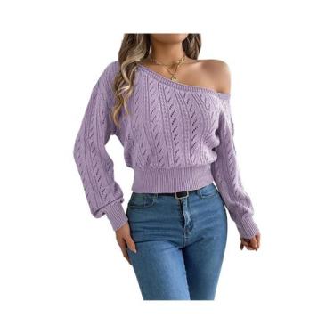 Imagem de Suéter Feminino De Tricô Com Ombros À Mostra E Manga Longa Casual Eleg