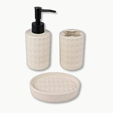Imagem de Kit Banheiro de Cerâmica 3 Peças Premium – Porta Sabonete Líquido, Saboneteira e Porta Escova | Design Texturizado Moderno, Resistente, Sofisticado e Funcional para Organização com Estilo