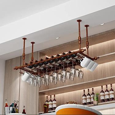 Imagem de Rack de vinho vintage ajustável - Suporte de garrafa de teto e suporte de vidro para bar e cozinha em casa - Decoração elegante de armazenamento de vinho em bronze