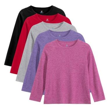 Imagem de Kiiavoro Pacote com 5 camisetas de manga comprida para meninas macias gola redonda manga longa camisetas básicas sem etiqueta, Preto, vermelho, cinza claro, roxo, rosa claro vermelho, 13-14 Anos