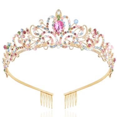 Imagem de TAROSE Coroas de arco-íris e ouro para mulheres e meninas, tiaras de cristal rainha com strass e pentes coloridos, coroa de deusa para casamento, noiva, aniversário, princesa, baile, cosplay,