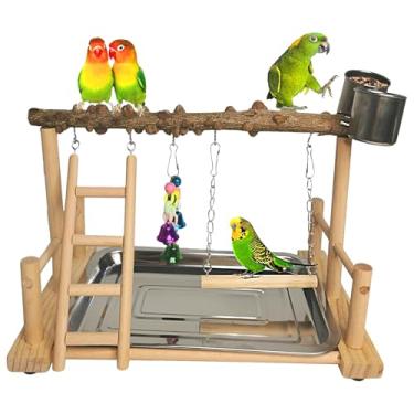 Imagem de Hamiledyi Parrot Playground de pássaros, suporte de madeira, para exercícios, exercícios, academia, com copos, brinquedos, cockatiel com escadas, balanço para pendurar para animais de estimação, Conure, Lovebirds, atividades e atividades de vida