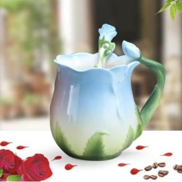 Imagem de Caneca De Café De Cerâmica Esmaltada Estilo Europeu Xícaras De Chá Criativas Em Forma De Flor Rosa Copos De Leite De Café Da Manhã De 4 Cores Com Colher, Blue