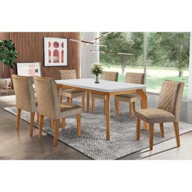 Imagem de Sala De Jantar Completa Londrina C-tampo Madeirado Canto Reto 180x90cm E 6 Cadeiras Jade Imbuia - Veludo Capuccino - Rufato