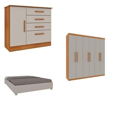 Imagem de Quarto Casal Completo Guarda-roupa Lima, Cama Mônaco E Cômoda Chicago Espresso Móveis Cinamomo-off White