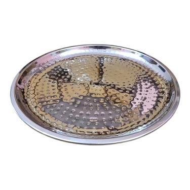 Imagem de Conjunto de 2 bandejas marteladas de aço inoxidável – Travessa redonda de 29 cm para frutas, lanches, chá – acabamento espelhado, à prova de ferrugem, pode ser lavada na lava-louças – Conjunto de