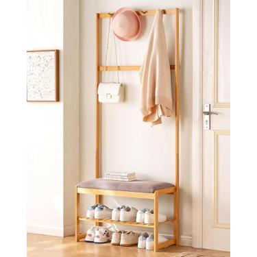 Imagem de Cabideiro Banco De Sapatos Cabide Hall Árvore Com Sapato Banco De Armazenamento 3 Em 1 Com Ganchos Banco De Entrada De Bambu Com Armazenamento Para Pendurar Jaqueta Fá, Black, 69cm/27.2in long