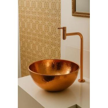 Imagem de Kit cuba de cobre grande 38cm + torneira bica alta + válvula - Decobre