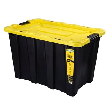 Imagem de Ordene - Caixa Organizadora Plástica Empilhável Ultra Reforçada de 55 Litros, Tampa com Trava de Fechamento, Cor Preta e Amarela, Linha Vig